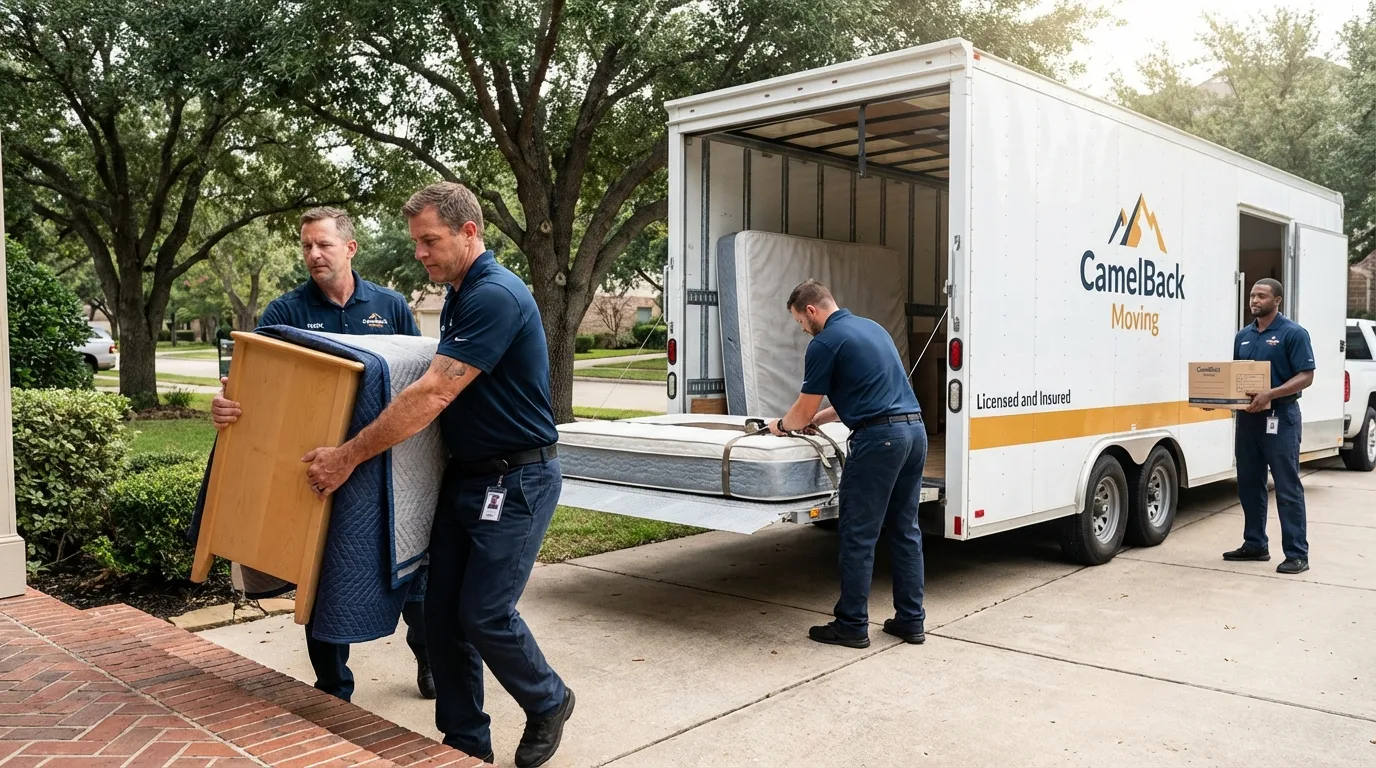Crew loading residential truck for cross-state move from Delafield, WI