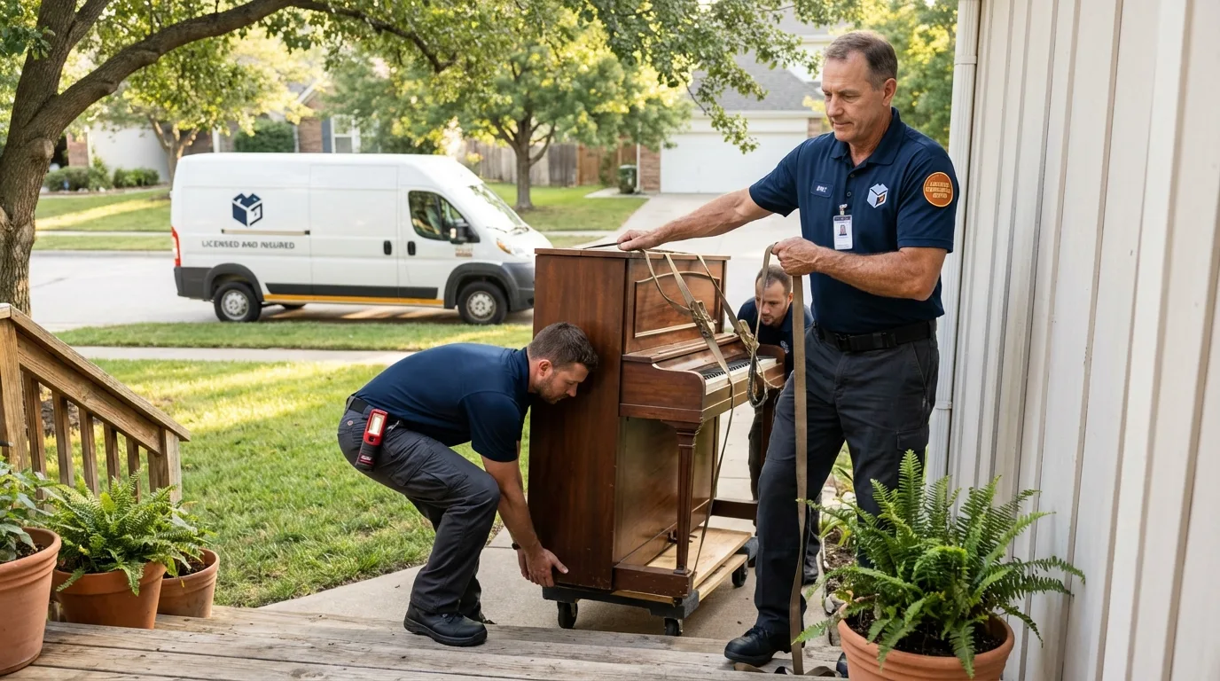 Licensed piano movers securing grand piano in Delafield, WI