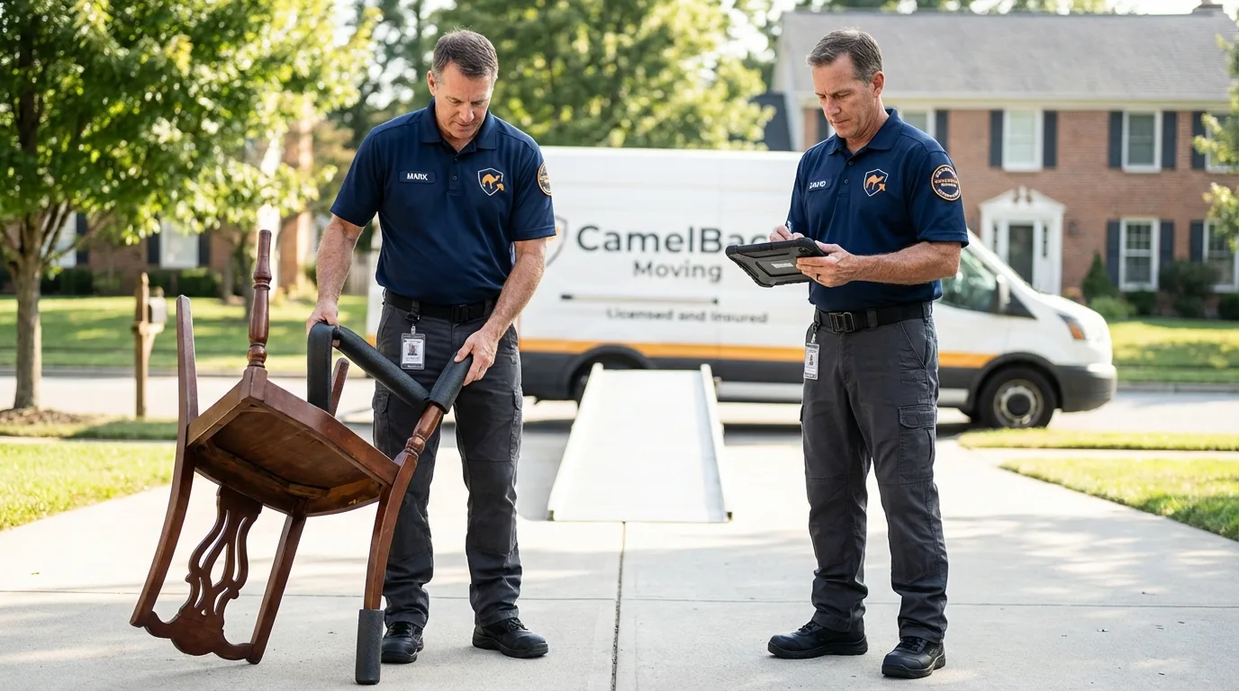 Movers inspecting furniture for damage prevention before loading in Delafield, WI