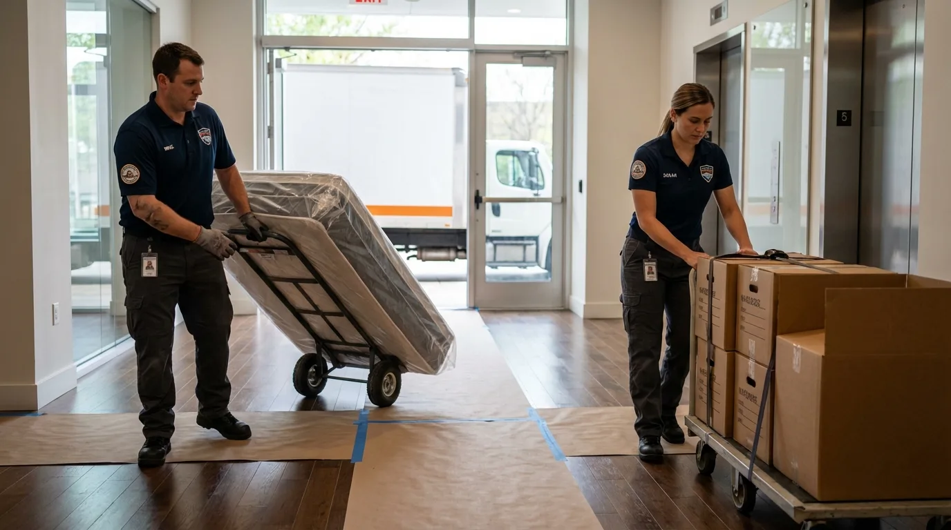 Professional apartment movers loading elevator in Delafield, WI
